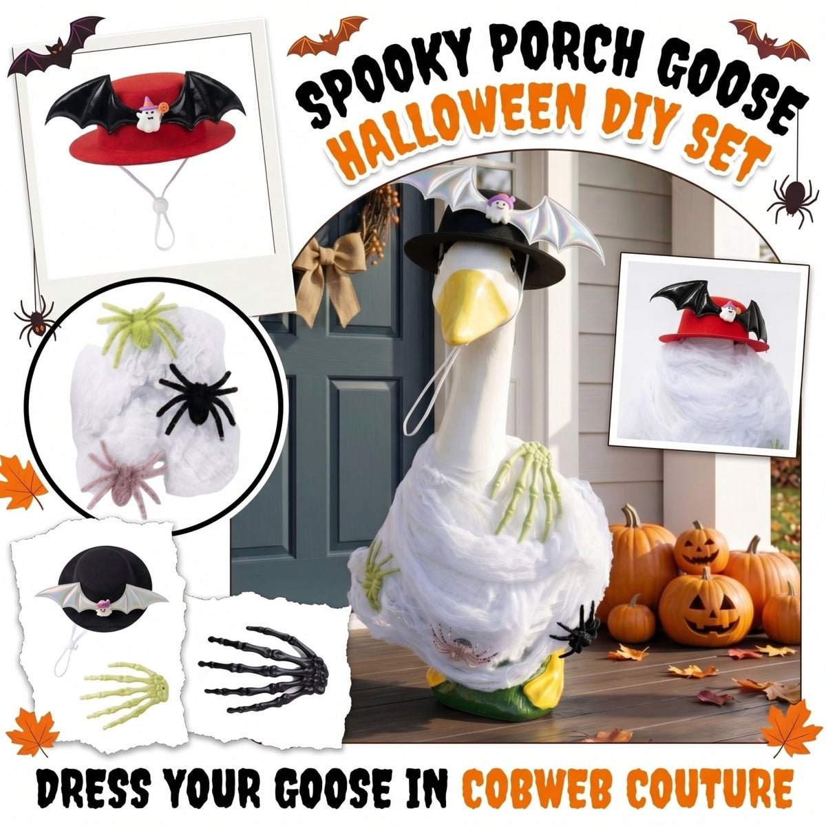 Bat Witch Hat Spiderweb Halloween Goose Clothes Fit 17/23In Cement Plastic Lawn Goose, Stylish Full Set for Outdoor Yard Patio Garden Seasonal Halloween Home Ornamental Arrangement