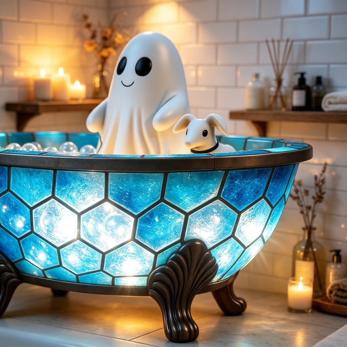 Ghost Bubble Bath LampHalloween Bathroom Decor Gifts Under 20 Bathtub Ghost & Dog Resin Figurine, Warm LED Halloween Tabletop Decor for Bathroom, Bedroom, Kids Room & Fall Home Accent