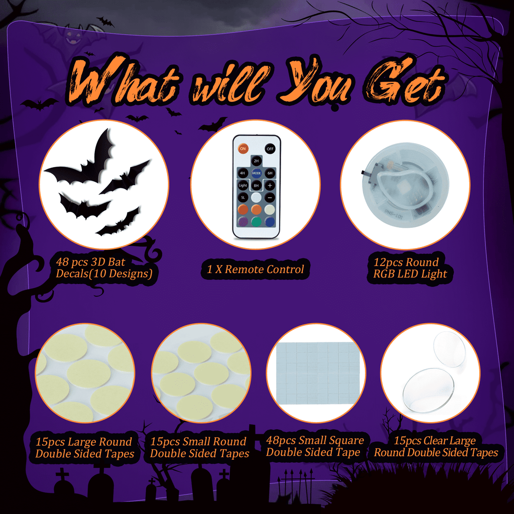 PChero 48Pcs Halloween Bats Wall Decor with 12 Color Changing Lights, 3D Light up Bats with Remote Timer, 10 Different Size PET LED Bat Wall Stickers for Bedroom Window Spooky Decor Home Decals