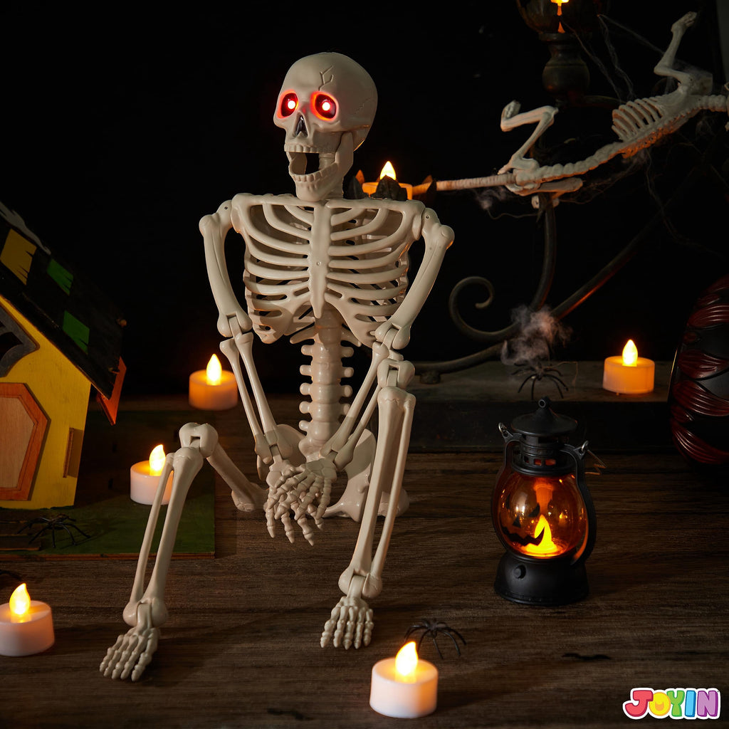Joyfy 24 Inch Halloween Skeleton Decor with LED Light Eyes,Posable Skeleton Halloween Prop Full Body with Movable Joints for Haunted House Indoor Outdoor Decoration Spooky Decor