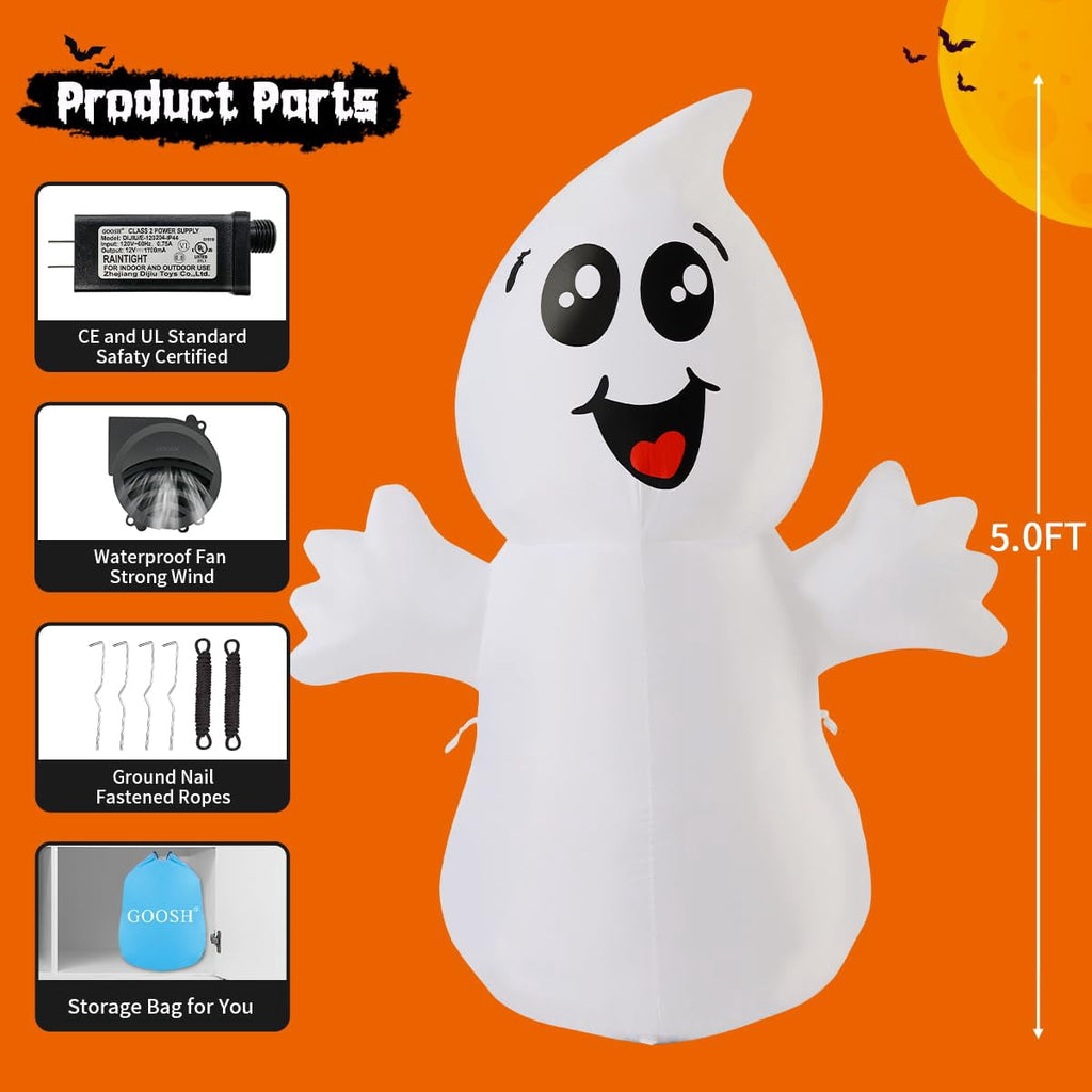 GOOSH Halloween Inflatables 5 FT Halloween Ghost Inflatable with Built-in LEDs, Cute Halloween Inflatable Ghost Blow up Ghost Inflatable, Outdoor Halloween Decorations for Halloween Holiday Party