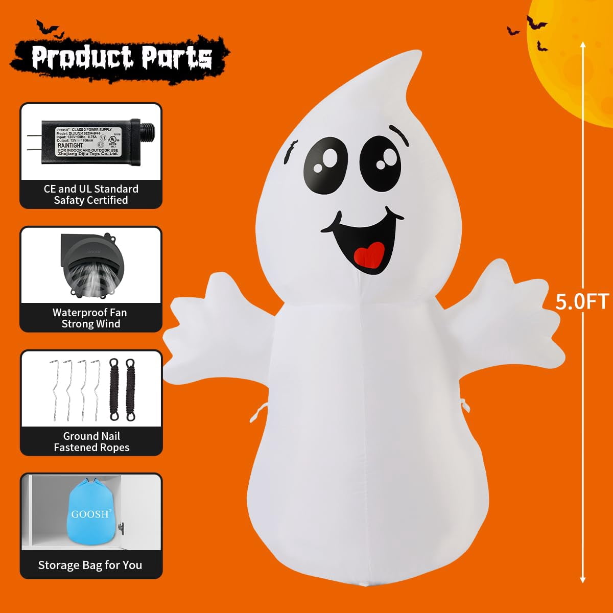 GOOSH Halloween Inflatables 5 FT Halloween Ghost Inflatable with Built-in LEDs, Cute Halloween Inflatable Ghost Blow up Ghost Inflatable, Outdoor Halloween Decorations for Halloween Holiday Party