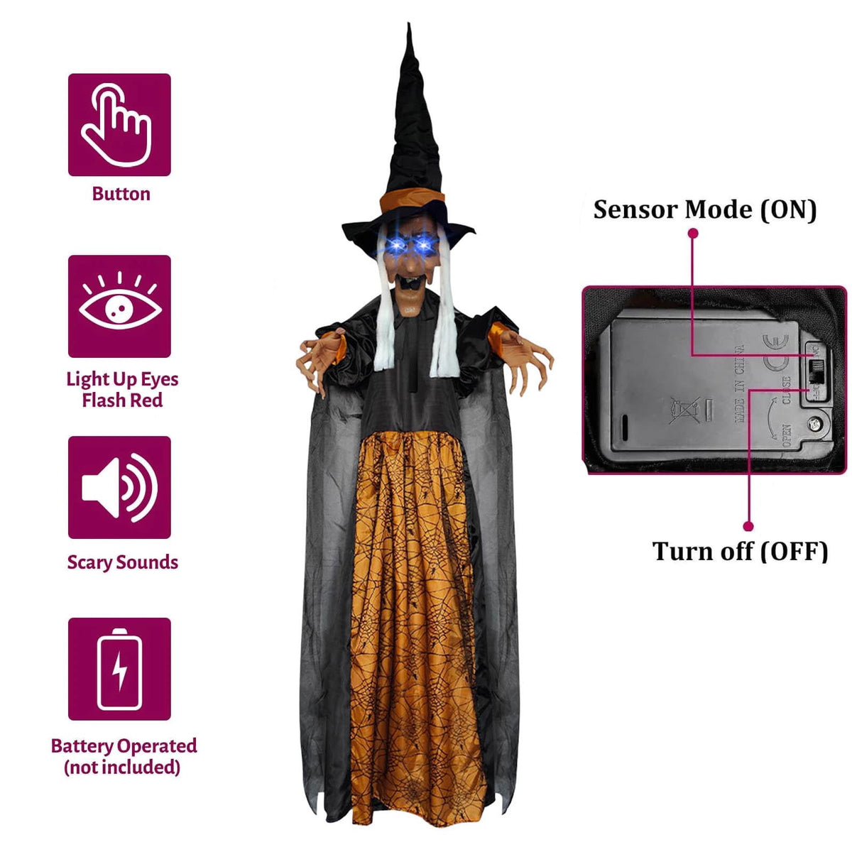 Halloween Animatronics Witch Clearance, Voice Activated Purple Escape Haunt Halloween House Décor & Fright Fest Prop, Life Size Animated Halloween Decoration Outdoor
