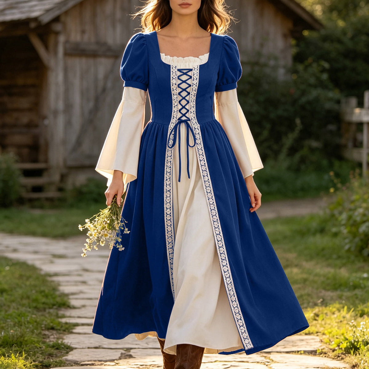 Hurxie Renaissance Costume Women Peasant Medieval Dress Maxi Fairy Dresses with Bell Sleeve Vintage Ren Faire Outfit