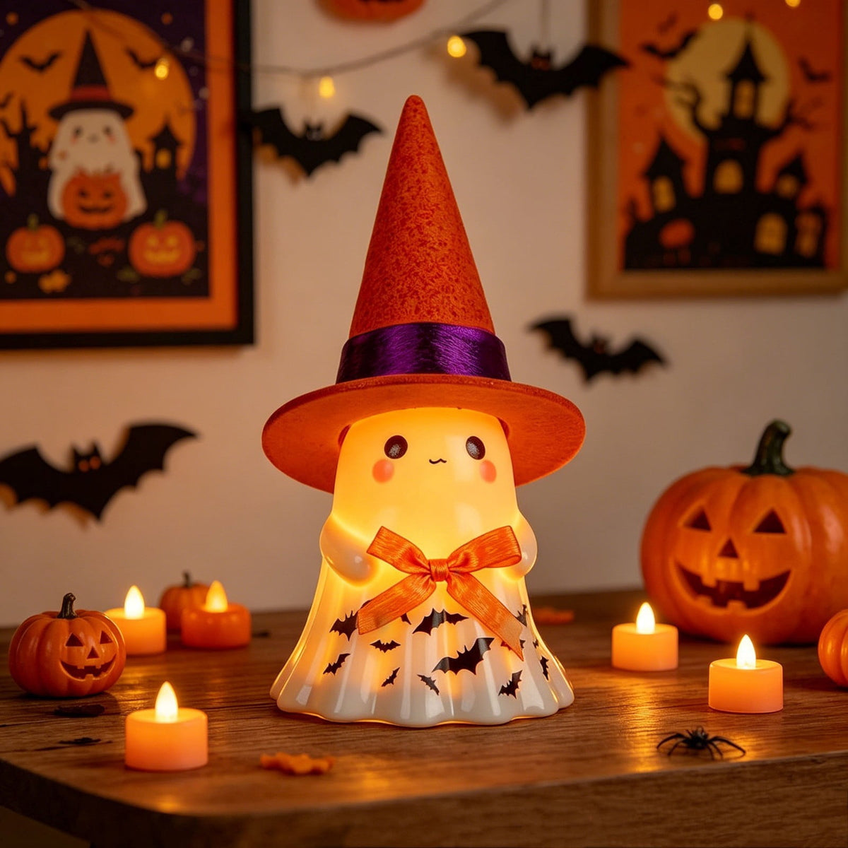 Fwttom Ghost Night Light, Halloween Lights Cute Ghost Reading Book Lamp, Halloween Decorations Indoor Light Up Ghost Statue Ghost Light for House Mantel Bedside