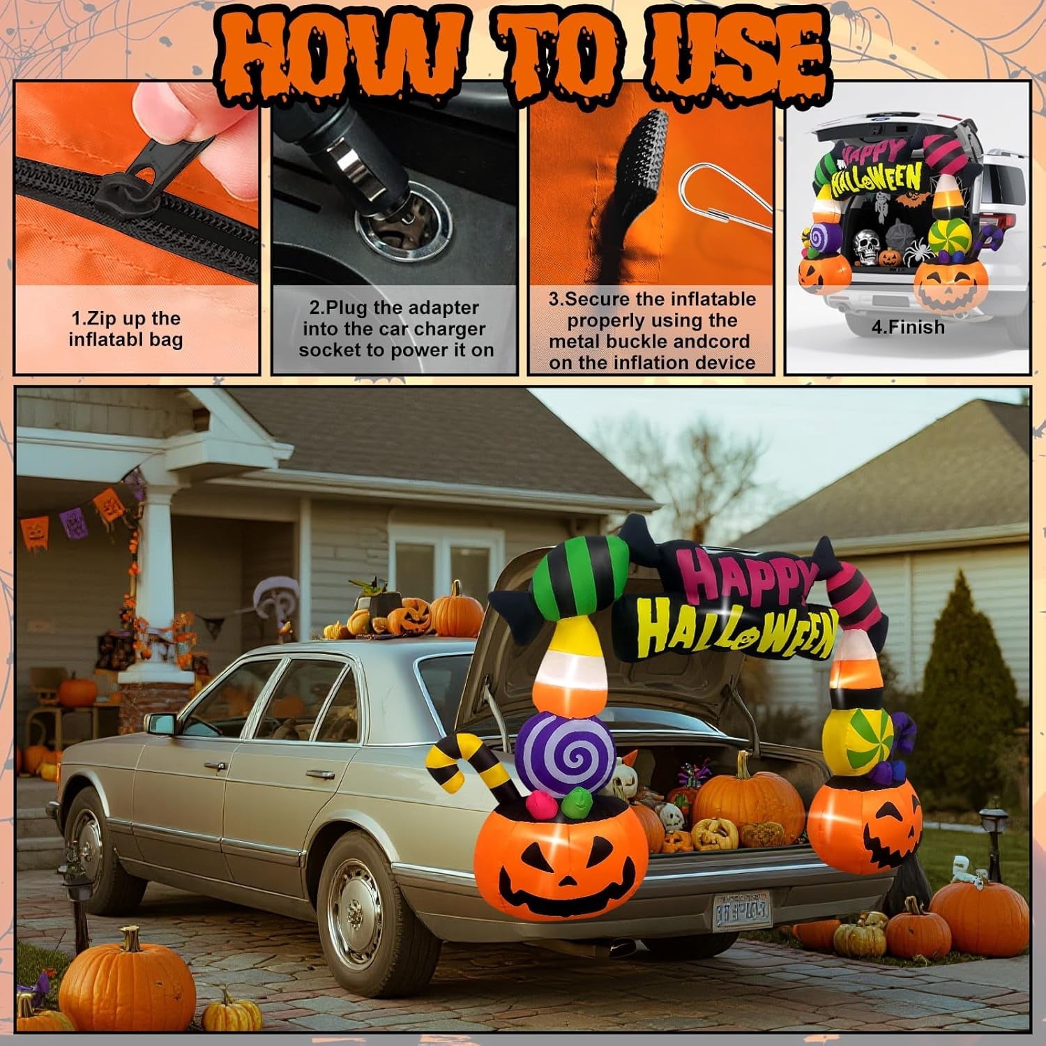 Kalolary 6FT Height Halloween Inflatables Trunk or Treat Car Decorations, Candy Pumpkin Arch Blow up Decorations with Built-in LED Lights Up for Halloween Party Lawn Yard SUV Car Luggage Decor