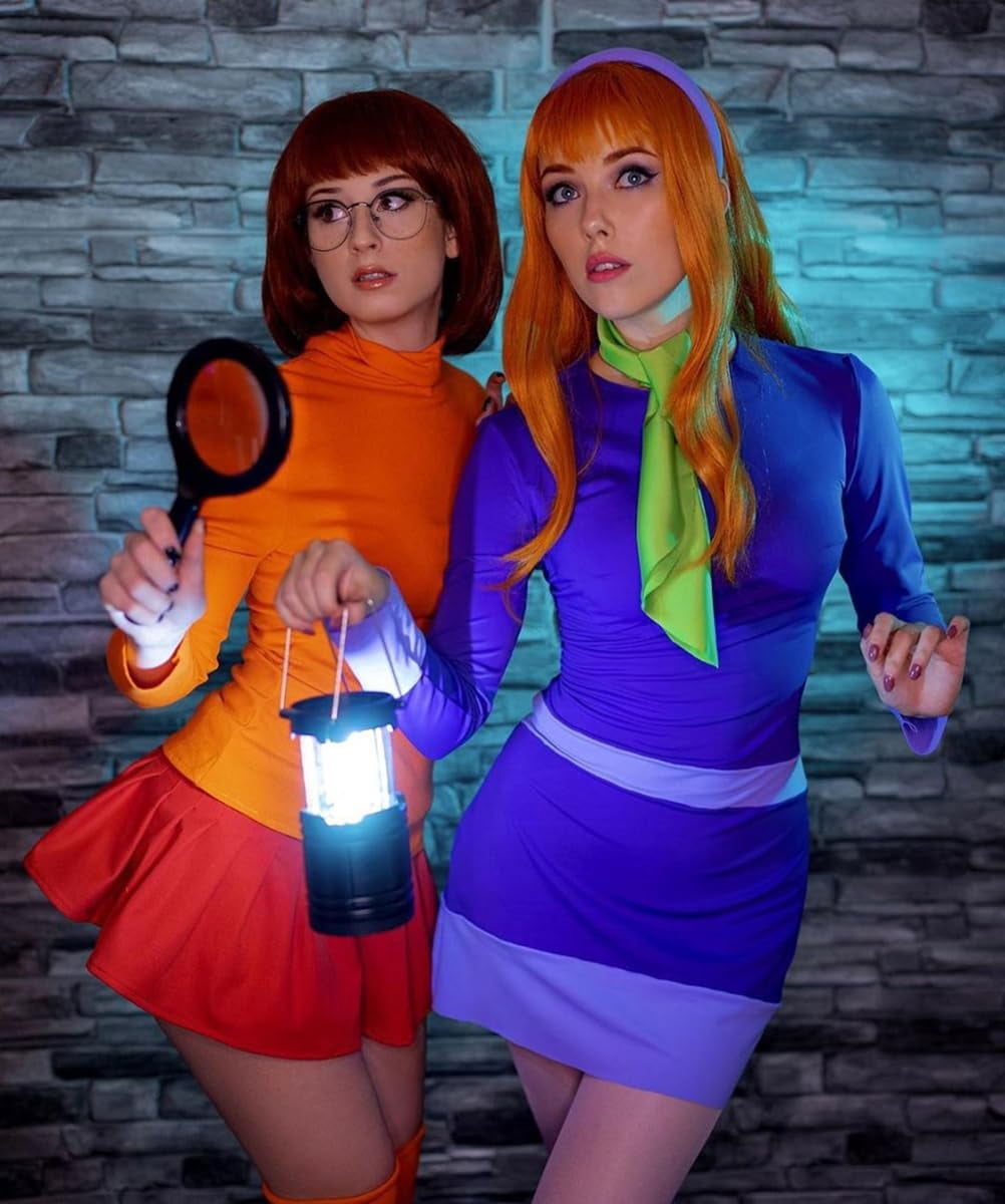 Couples Halloween Costumes for Women Velma Cosplay Outfit Orange Velma Costume with Mini Skater Skirt