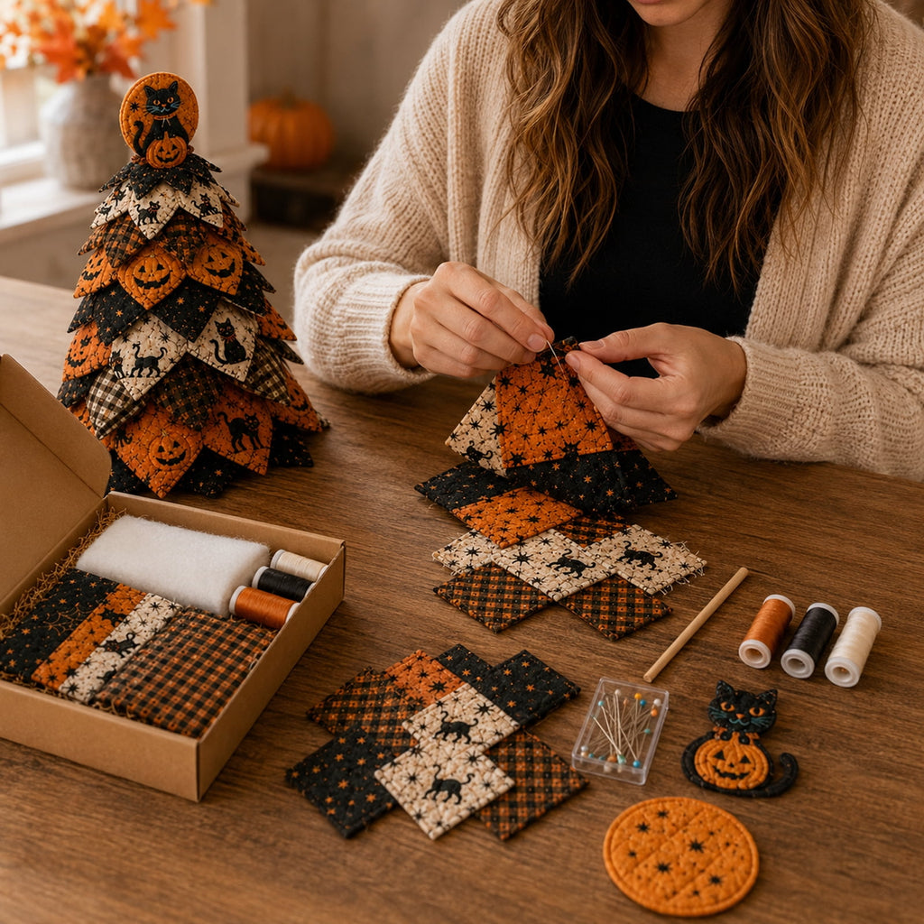 2026 Moonlit Black Cat DIY Halloween Quilted Fabric Tree Kit - Patchwork Fabric Halloween Tabletop Tree, Autumn Mantel Ornament for Adult Rustic Farmhouse Seasonal Display