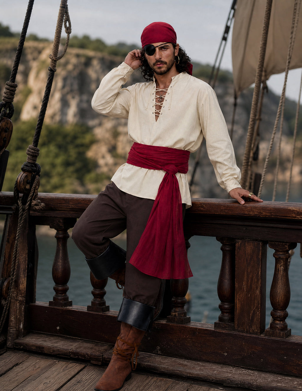 Joyfy Men Pirate Costume Set, Adult Halloween Costume Renaissance Medieval Viking Pirate Costume for Halloween Fancy Dress Up Party Cosplay