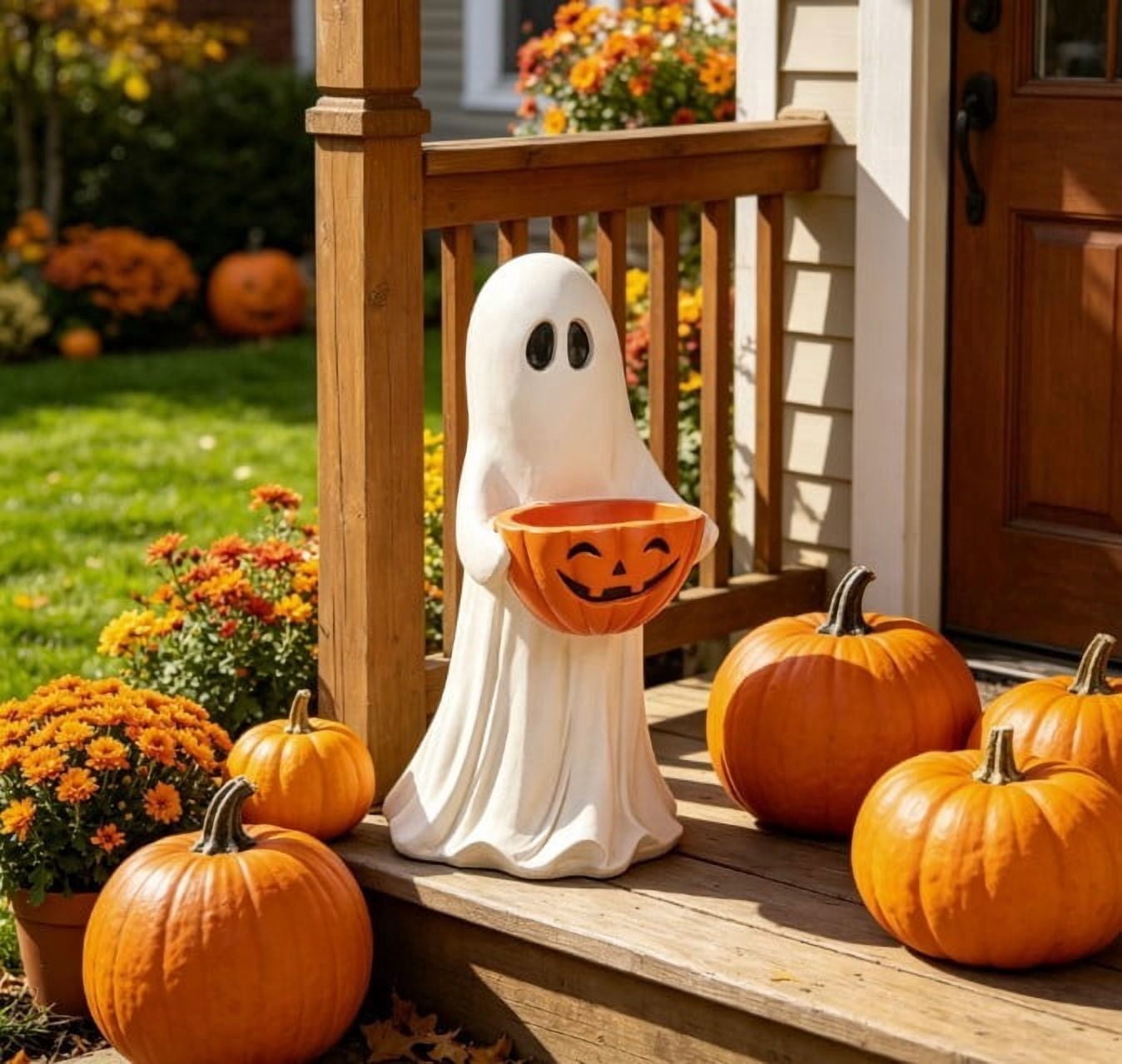 13.7" Halloween Ghost Figurine with Pumpkin Candy Bowl, Indoor Outdoor Safe Ghost Statue for Porch Yard Garden Decoration, Freestanding Halloween Porch Decor