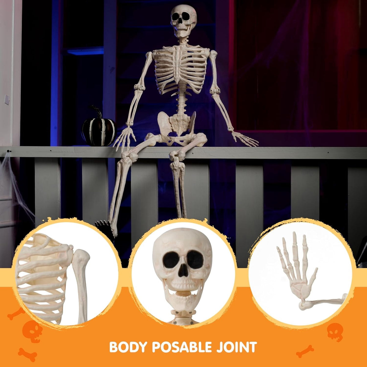 Joyfy 24 Inch Halloween Skeleton Decor with LED Light Eyes,Posable Skeleton Halloween Prop Full Body with Movable Joints for Haunted House Indoor Outdoor Decoration Spooky Decor