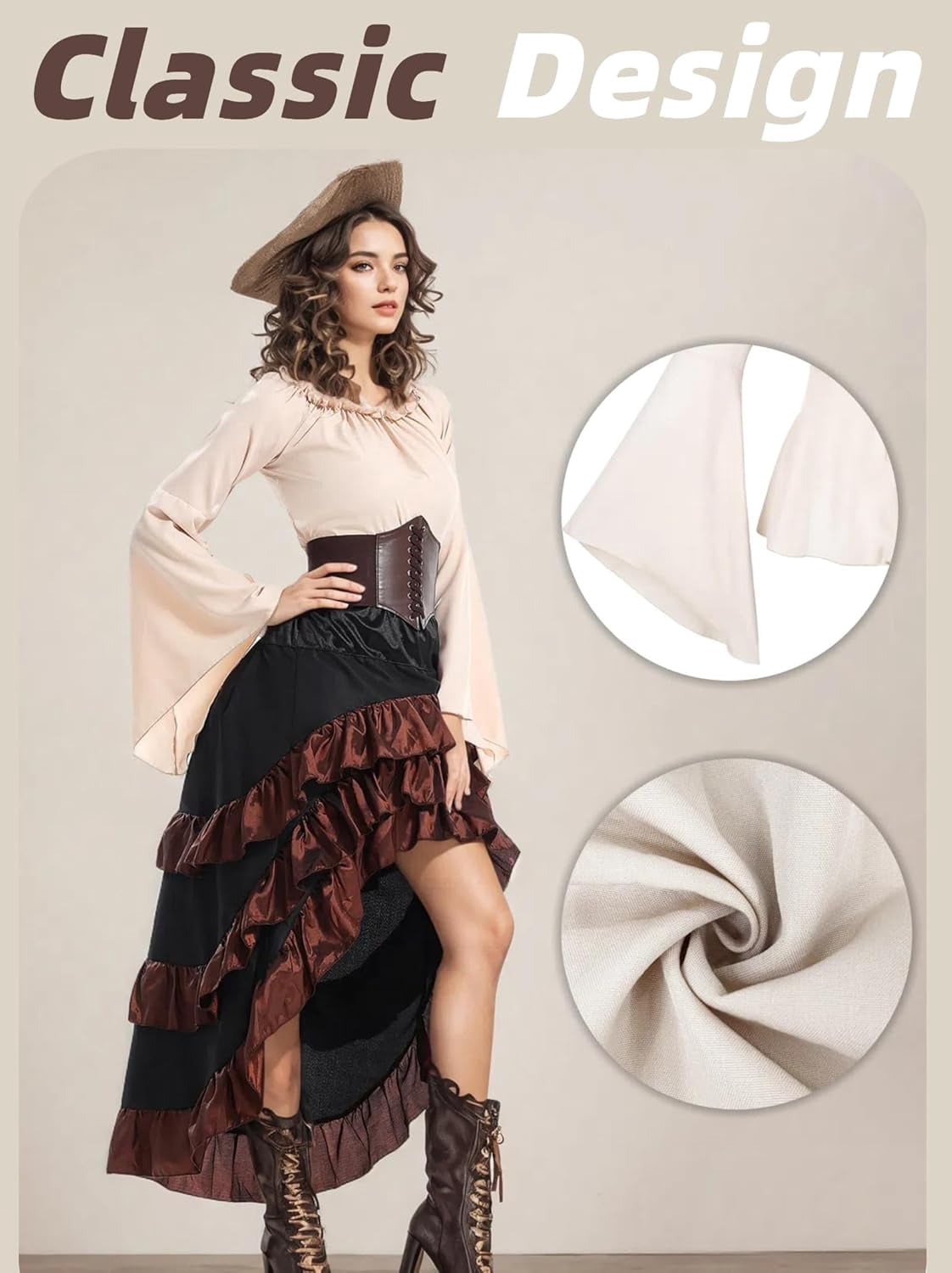 2026 Halloween Pirate Costume Women, Fancy Dress Cosplay Costumes Set with Renaissance Pirate Shirt Skirt Corset Waist Belt