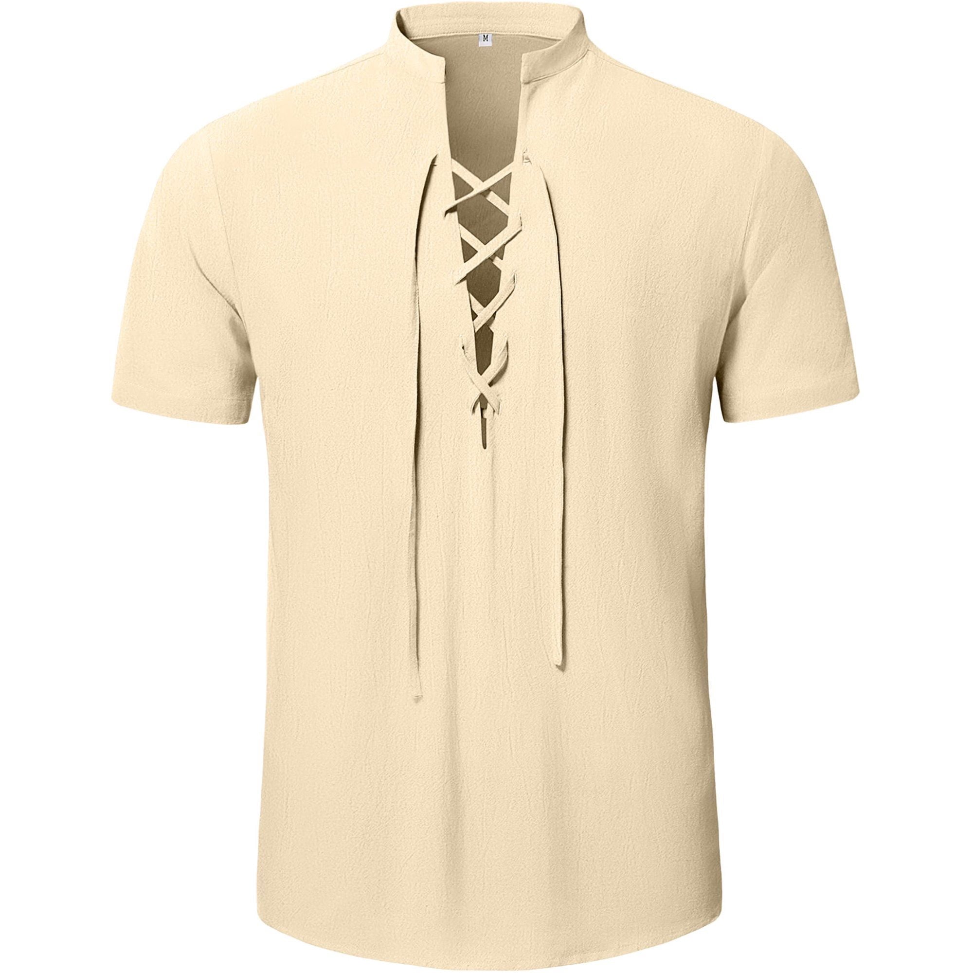 HAOMEILI Men's Cotton Linen Lace-Up V-Neck Short Sleeve Shirt