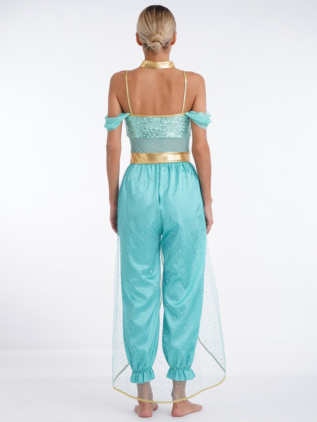 YiZYiF Women's Arabian Princess Dance Costume Halloween Party Fancy Dress Shiny Belly Dance Jumpsuit Turquoise B M