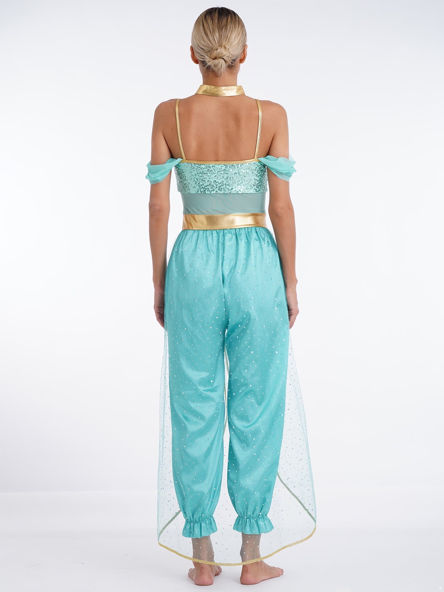 YiZYiF Women's Arabian Princess Dance Costume Halloween Party Fancy Dress Shiny Belly Dance Jumpsuit Turquoise B M
