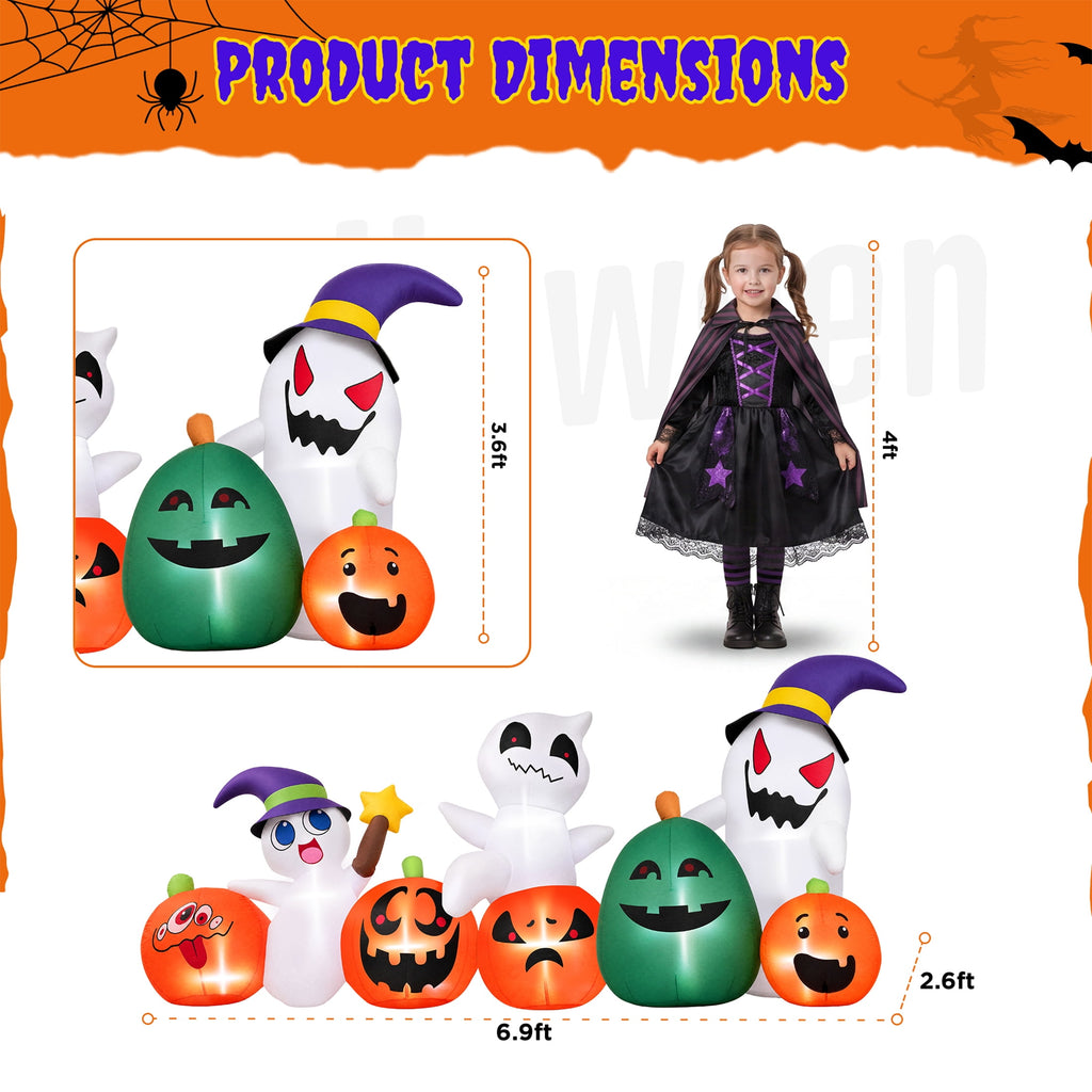 Firstness 7ft Long Halloween Inflatable with Lights,Pumpkin Ghost for Outdoor Decorations