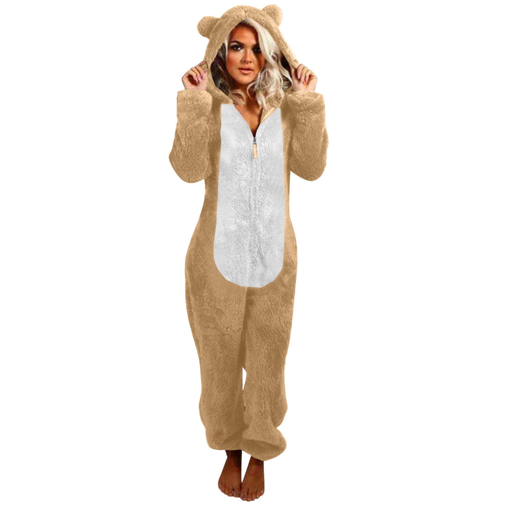 QATAINLAV Sherpa Fleece Jumpsuit for Women Winter Warm Fuzzy Onesie Pajamas Cute Cat Hooded Romper Casual Zip Up Overalls Sleepwear Black XL