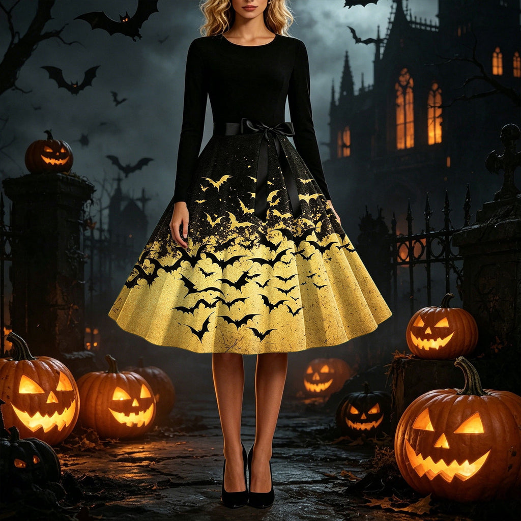 Women's Vintage Halloween Bat Print Swing Dress Long Sleeve 1950s Retro A-Line Midi Dresses with Satin Sash Belt for Gothic Cosplay Evening Prom Party
