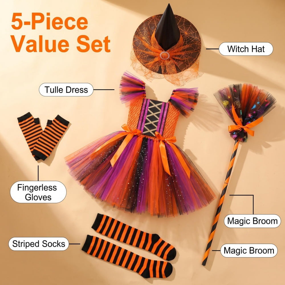 Halloween Cute Purple Witch Costume Set for Toddler Girls, Bat Outfit Dress with Witch Hat & Magic Broom