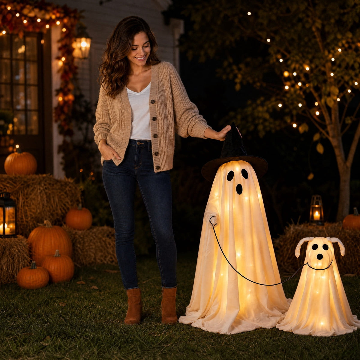 Halloween Light-Up Ghost Decorations Outdoor - 6.5 FT - 8 Sounds Gaint Hanging Swing Ghost Halloween Decoration, Spooky Cute Ghosts Decorations for Front Porch Yard Tree