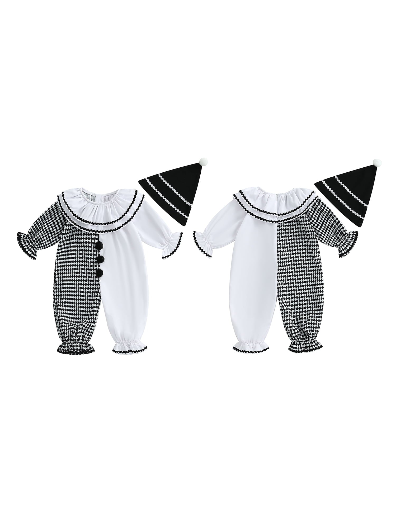 RUINIXCW Kids Toddler Baby Girl Boy Halloween Outfit Clown Costume Infant Baby Girl Boy Romper Birthday Photoshoot Outfit Contrast Color Long Sleeve Jumpsuit Hat