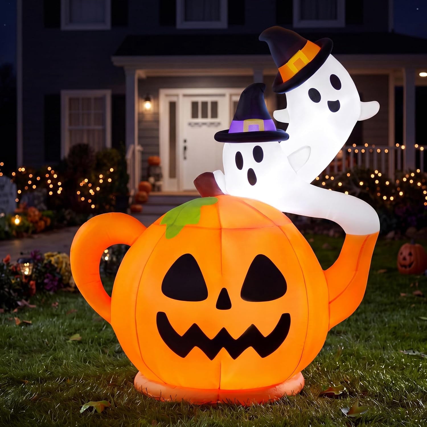 Joyfy 5ft Halloween Inflatables Light up Cute Ghost,Blow Up Ghost Lift Pumpkin Candy Bag with Build-in LEDs for Yard Decorations