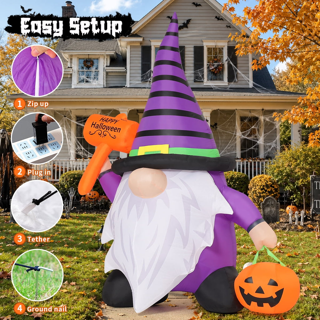 GOOSH Halloween Inflatables 6.7 FT Inflatable Gnome with Built-in LED Lights, Cute Halloween Inflatable Gnome Blow up Gnome with Pumpkin, Outdoor Halloween Decorations for Halloween Holiday Party