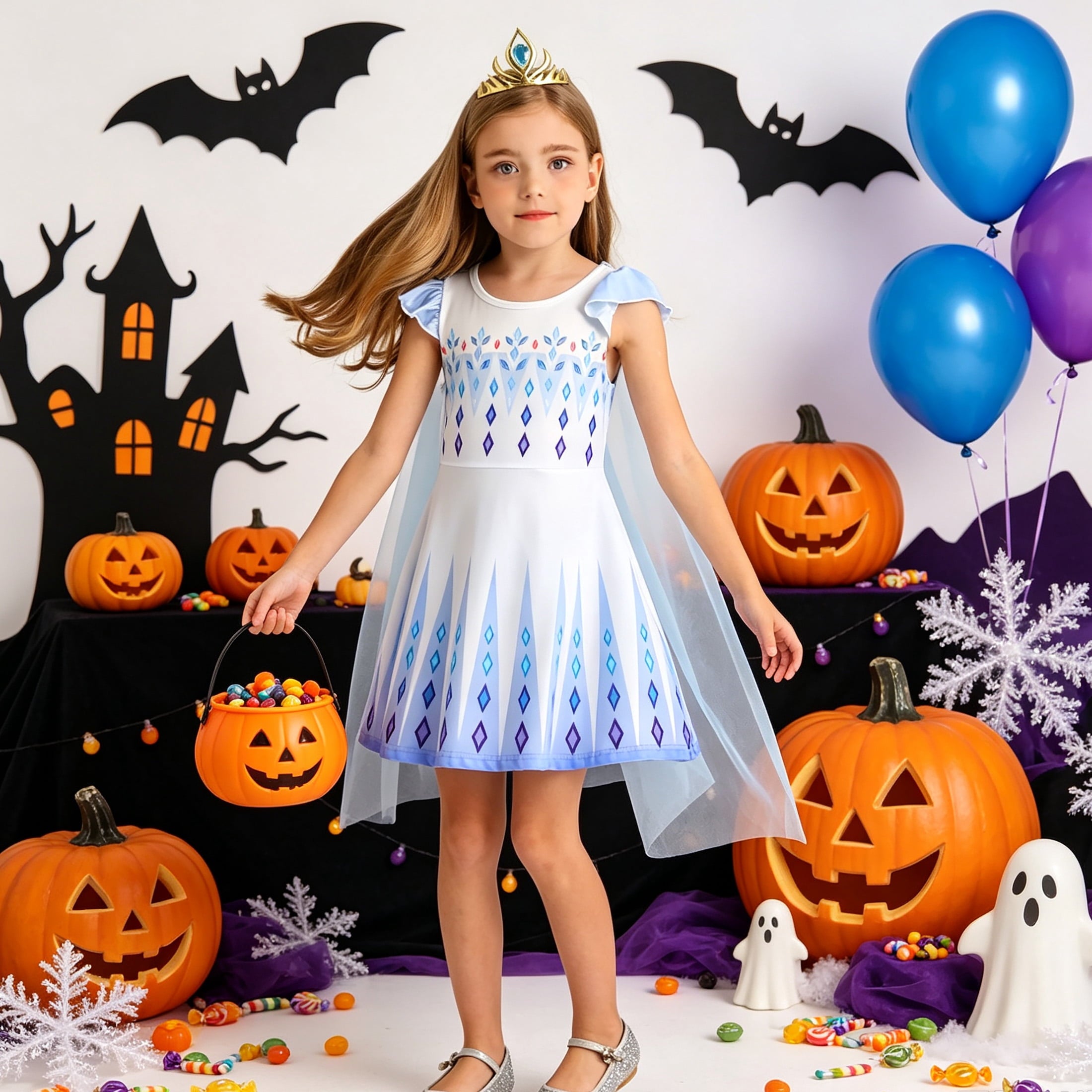 Benylion Girls Ice Princess Dress Halloween Cosplay Costumes With Tulle Cape Kids Birthday Party Dress up Outfit for 7-8 Years