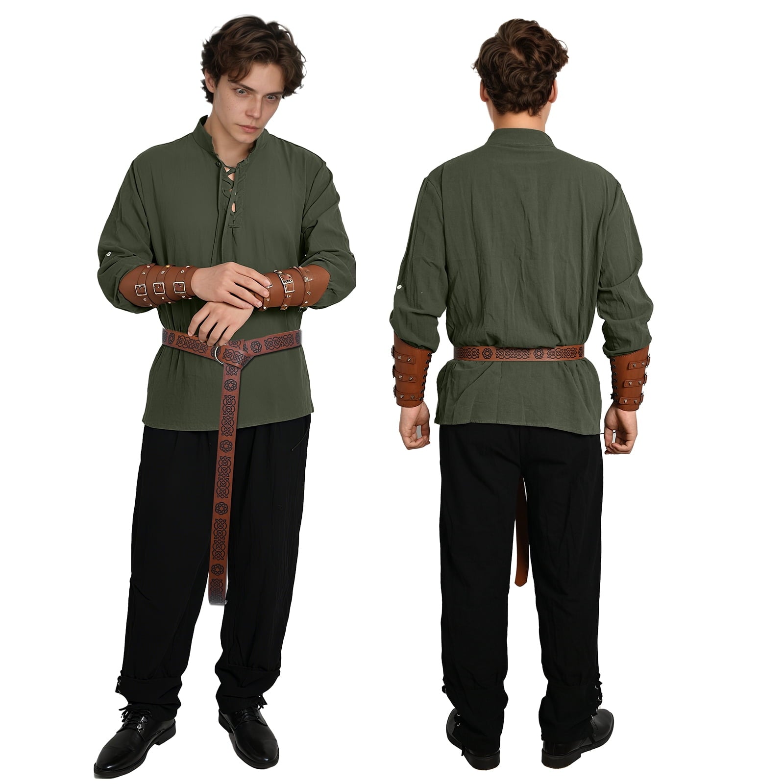 MYATED 5 Pcs Halloween Men's Renaissance Costume Set Medieval Pirate Shirt Ankle Banded Pants Viking Costume Accessories Set,Black,M