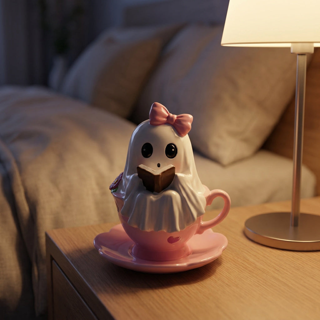 Cute Reading Ghost in Teacup Figurine, Resin Ghost Statue with Pink Bow Heart Floral Cup, Table Centrepiece Tiered Tray Desk Shelf Decor, Small Halloween Decorations, 4.5 Inch