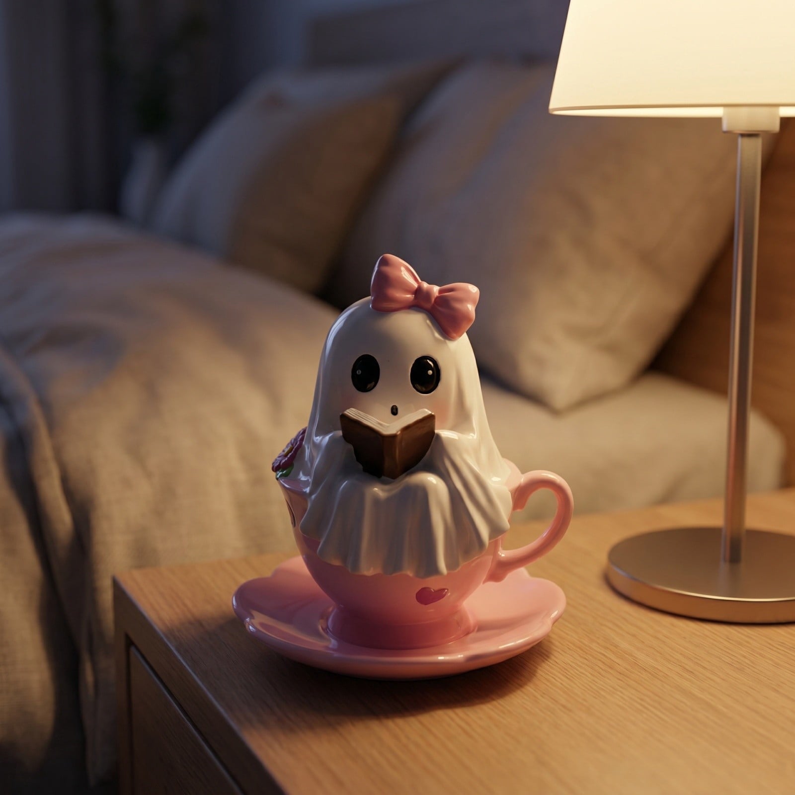 Cute Reading Ghost in Teacup Figurine, Resin Ghost Statue with Pink Bow Heart Floral Cup, Table Centrepiece Tiered Tray Desk Shelf Decor, Small Halloween Decorations, 4.5 Inch