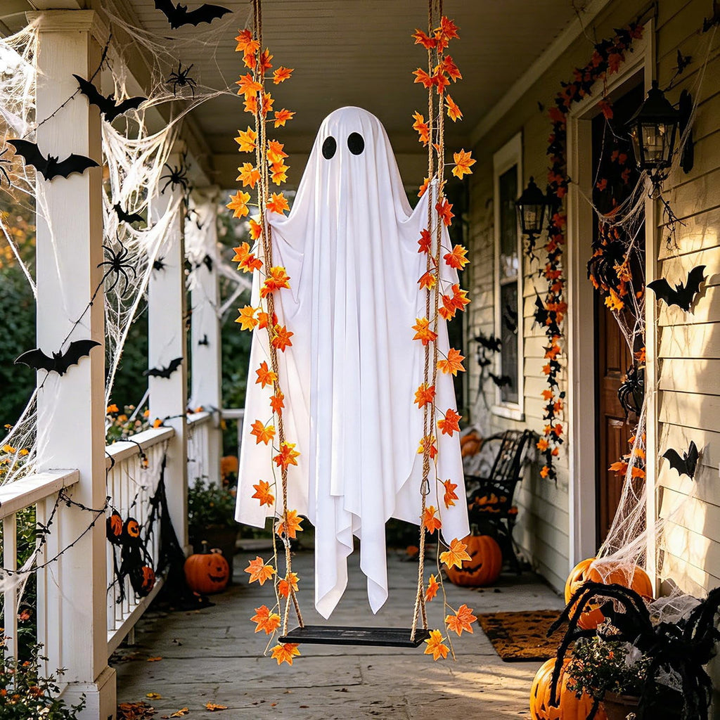 Hanging Swinging Ghost Halloween Decor - Outdoor Halloween Decorations with Ghost on A Swing for Outside Garden Yard Porch Tree, 4.4 FT Large Spooky Cute Ghosts with String Lights for Indoor Party