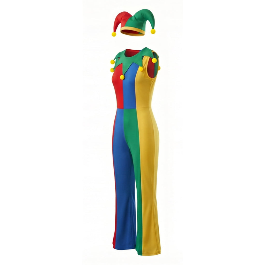 Clown Costume Set for Halloween Cosplay, Multicolor Circus Show Clown One-Piece Outfit Jumpsuit for Halloween Carnival Party Suit, Halloween Costume for Women, M