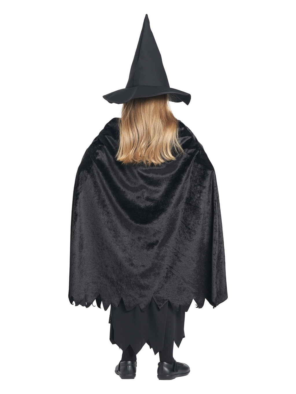 Girls Deluxe Witch Costume, 4 Pcs Dress Hat Cape Bag Velvet Black Suit for Kids Halloween Party Fancy Dress Up 4-6Y