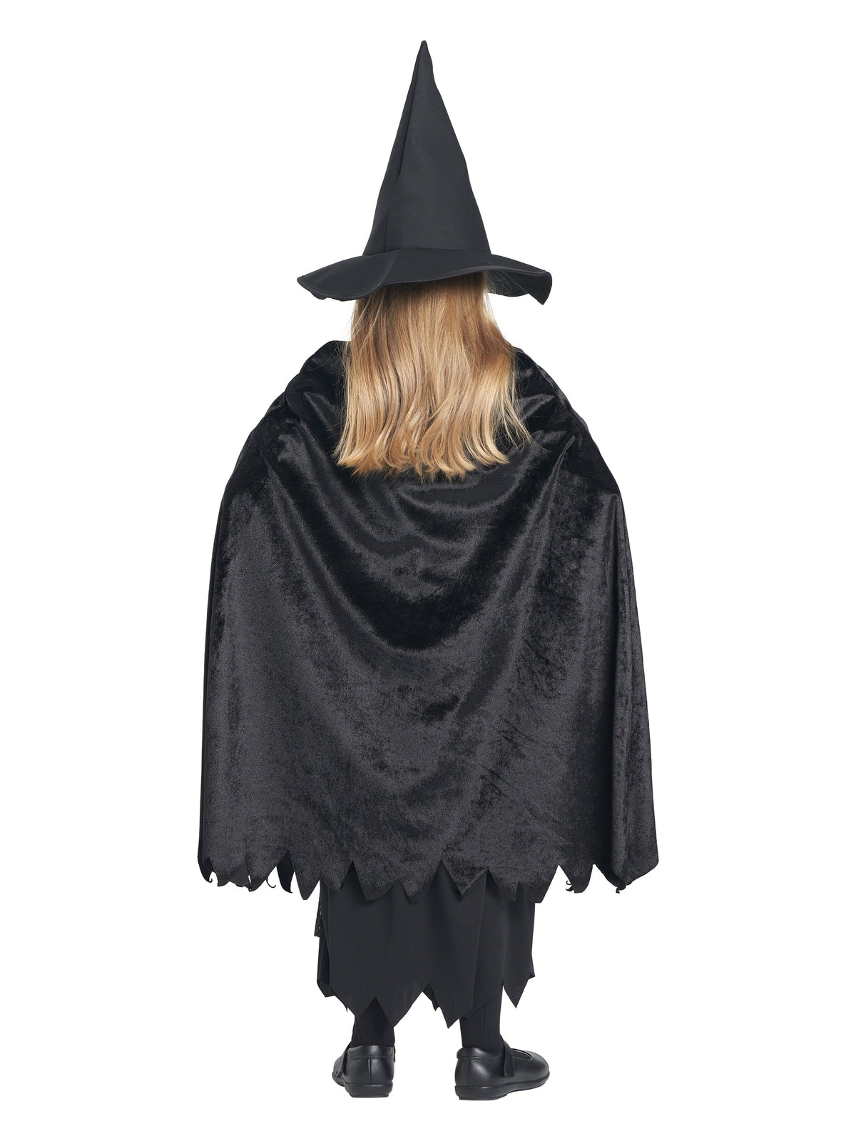 Girls Deluxe Witch Costume, 4 Pcs Dress Hat Cape Bag Velvet Black Suit for Kids Halloween Party Fancy Dress Up 4-6Y