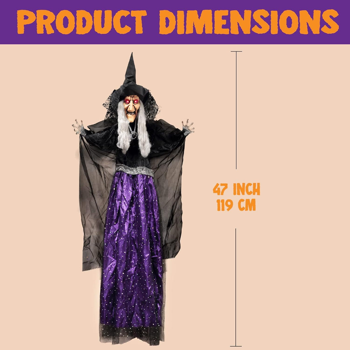 Joyfy 6ft Halloween Witch Decoration,Outdoor Scary Halloween Animatronic Hanging Witch with Light Up Eyes and Sound Decoration for Halloween Outdoor