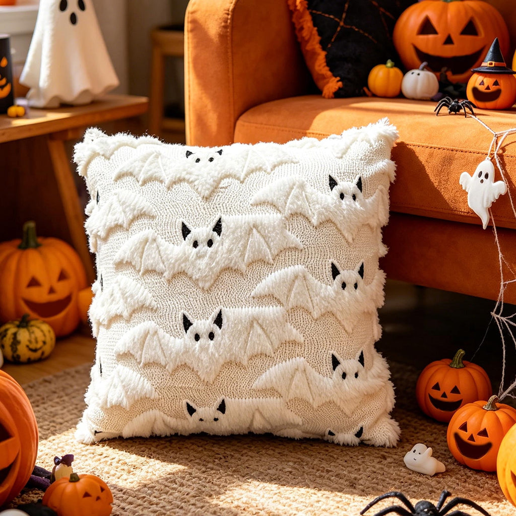 Yeciiwht Halloween Throw Pillow Cover – 18*18inch Embroidered Linen Cushion Case with Ghost, Mummy & Bat Designs, Invisible Zipper, Machine Washable