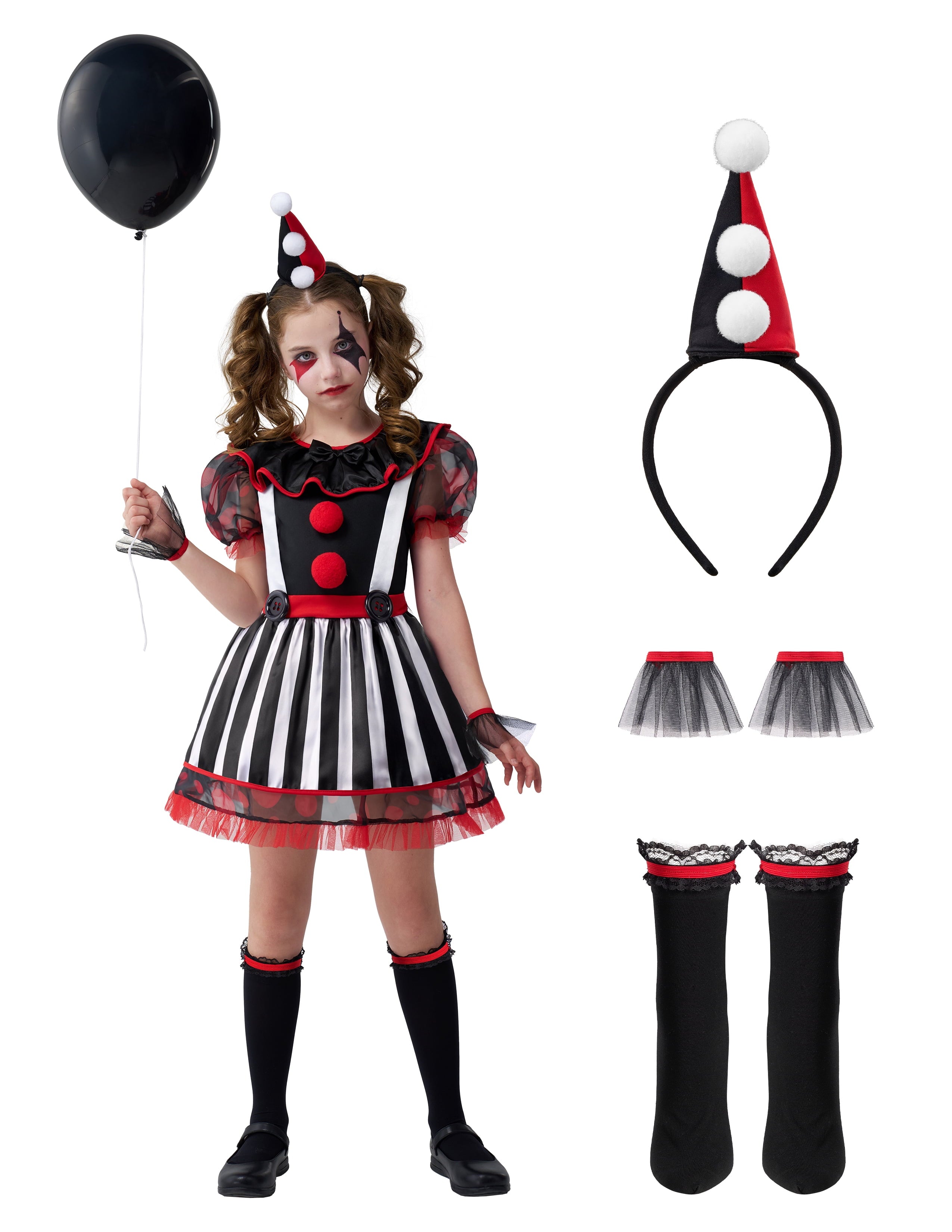 Joyfy Girls Clown Costume, Halloween Evil Clown Costume, Black and Red Jester Dress for Girls Halloween Party Dress Up Cosplay