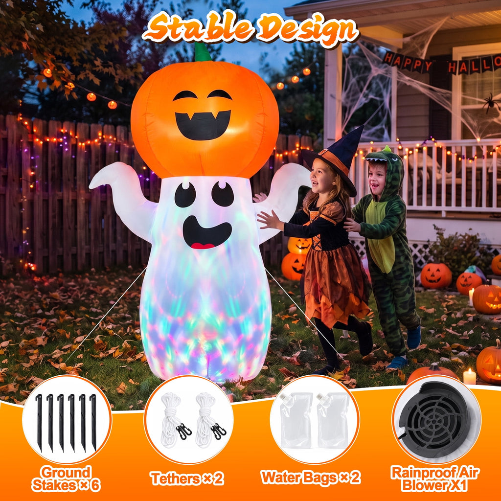 GVDV 5Ft Halloween Inflatable Pumpkin Ghost with 360° Rotating Colorful LED Lights, Cute Indoor/Outdoor Decor for Party, Yard, Lawn