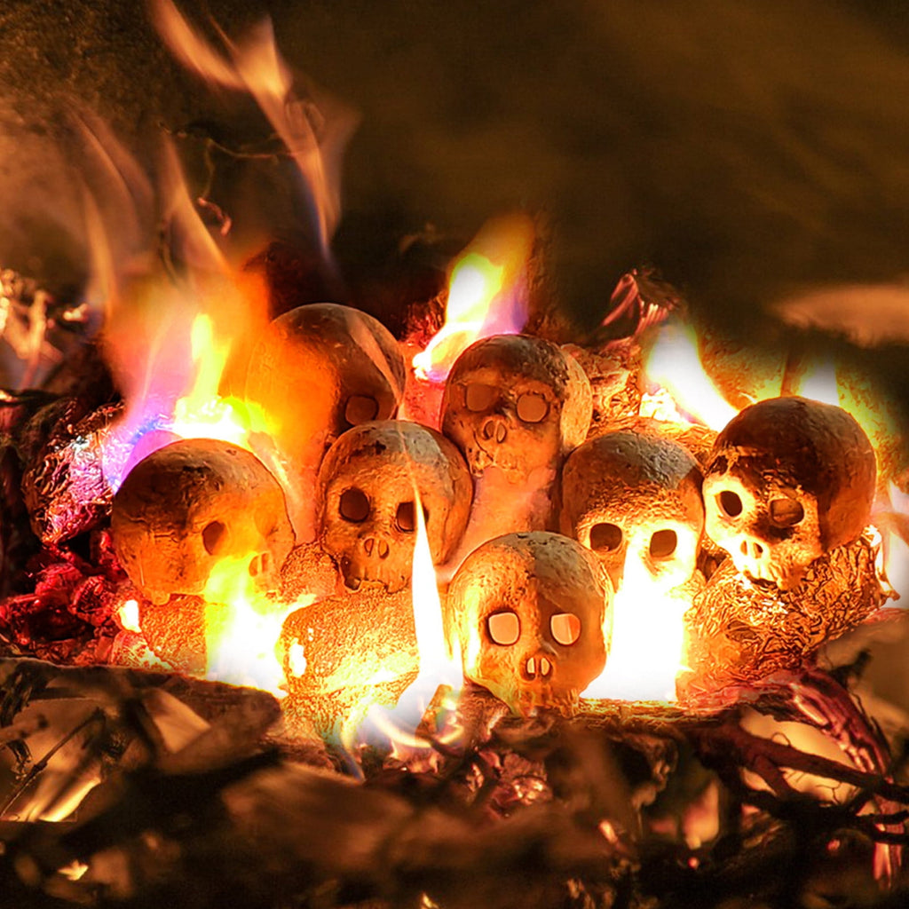 Halloween Decorations Indoor Outdoor Fake Human Skull Gas Log Fireplaces Decor 4PCS Terrifying Skull Fire Pit Reusable Skeleton Flame Fireproof Resin,Halloween Skull Shaped Fire Stones