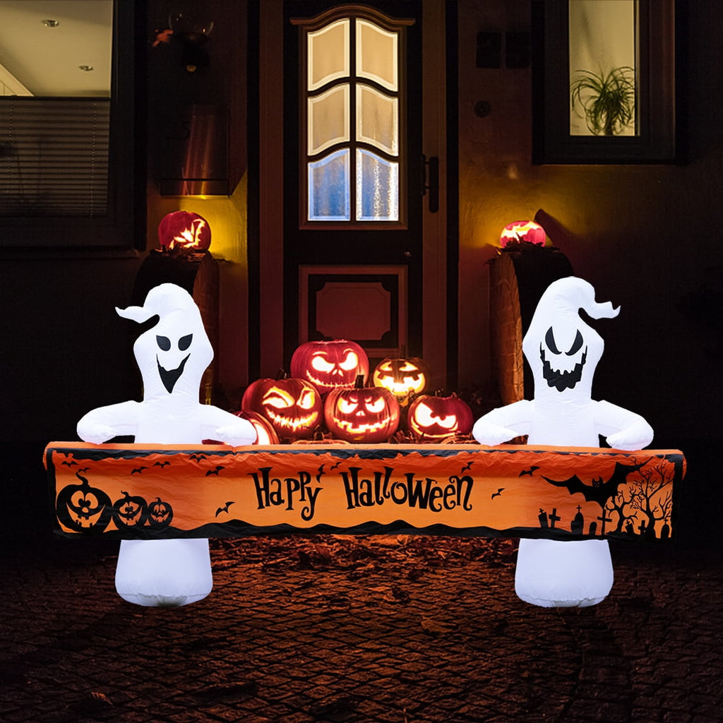 Large Hallowee Inflatable-8FT White Ghosts with Orange Banner Print “Happy Halloween” LED Lights Outdoor Halloween Decorations Blow Up Decoration for Halloween Party, Yard, Garden, Lawn