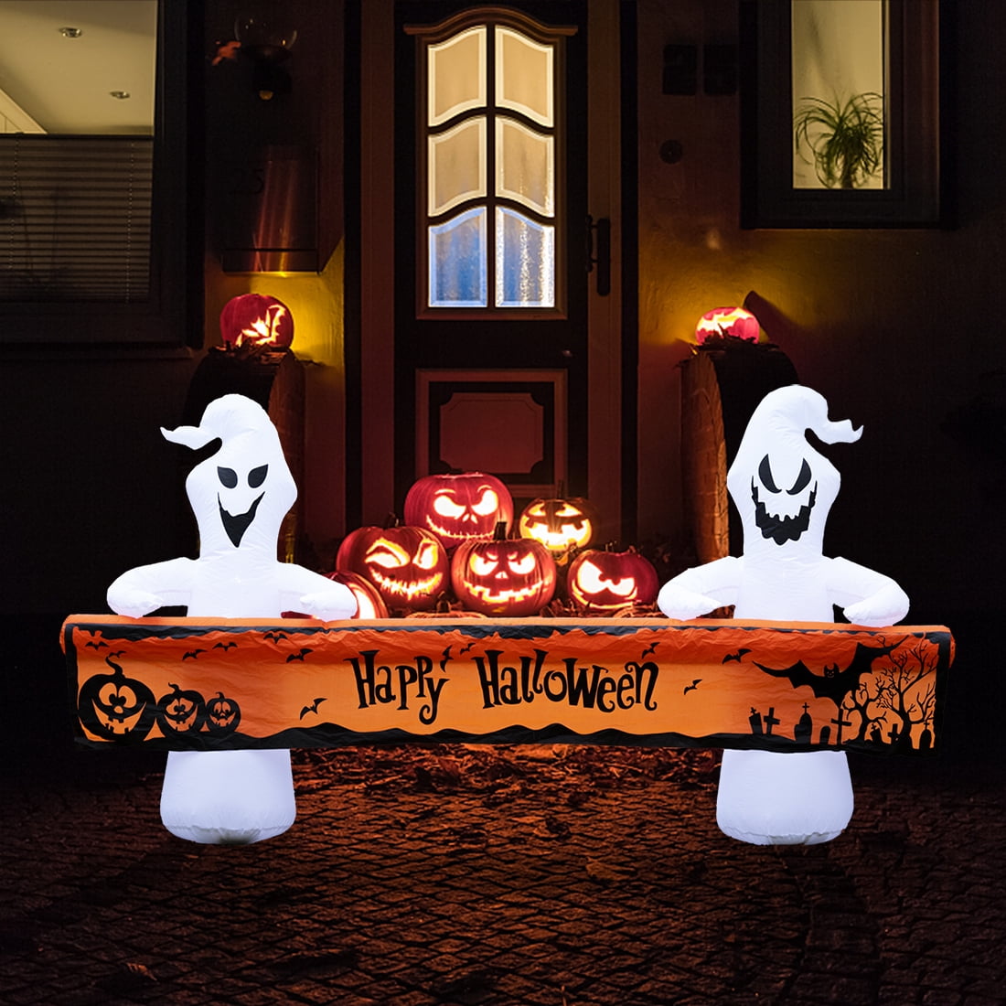 Large Hallowee Inflatable-8FT White Ghosts with Orange Banner Print “Happy Halloween” LED Lights Outdoor Halloween Decorations Blow Up Decoration for Halloween Party, Yard, Garden, Lawn