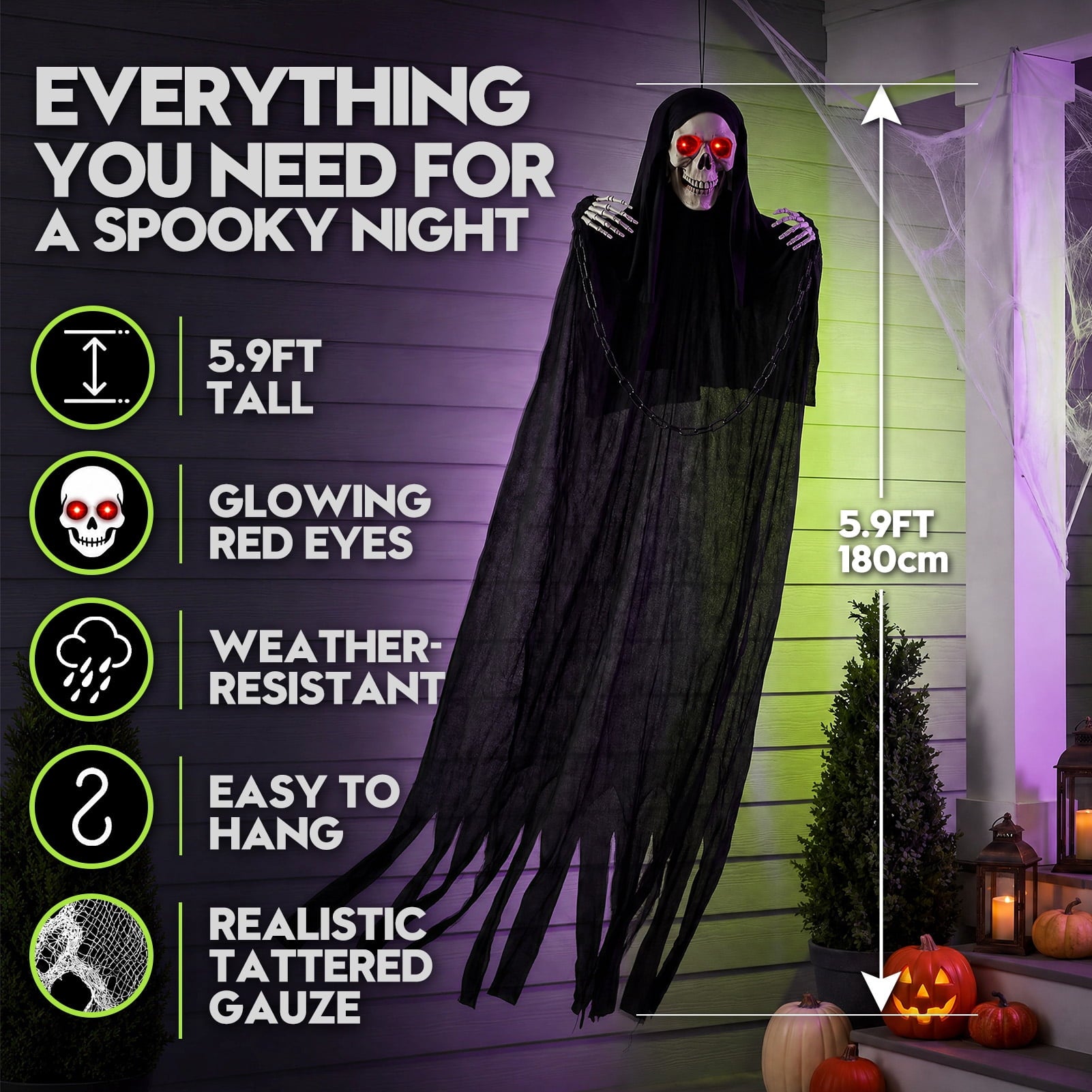 Ayieyill Halloween Grim Reaper 6ft Hanging Ghost Skeleton Decorations, Spooky Halloween Decor for Yard Haunted House Party Outdoor