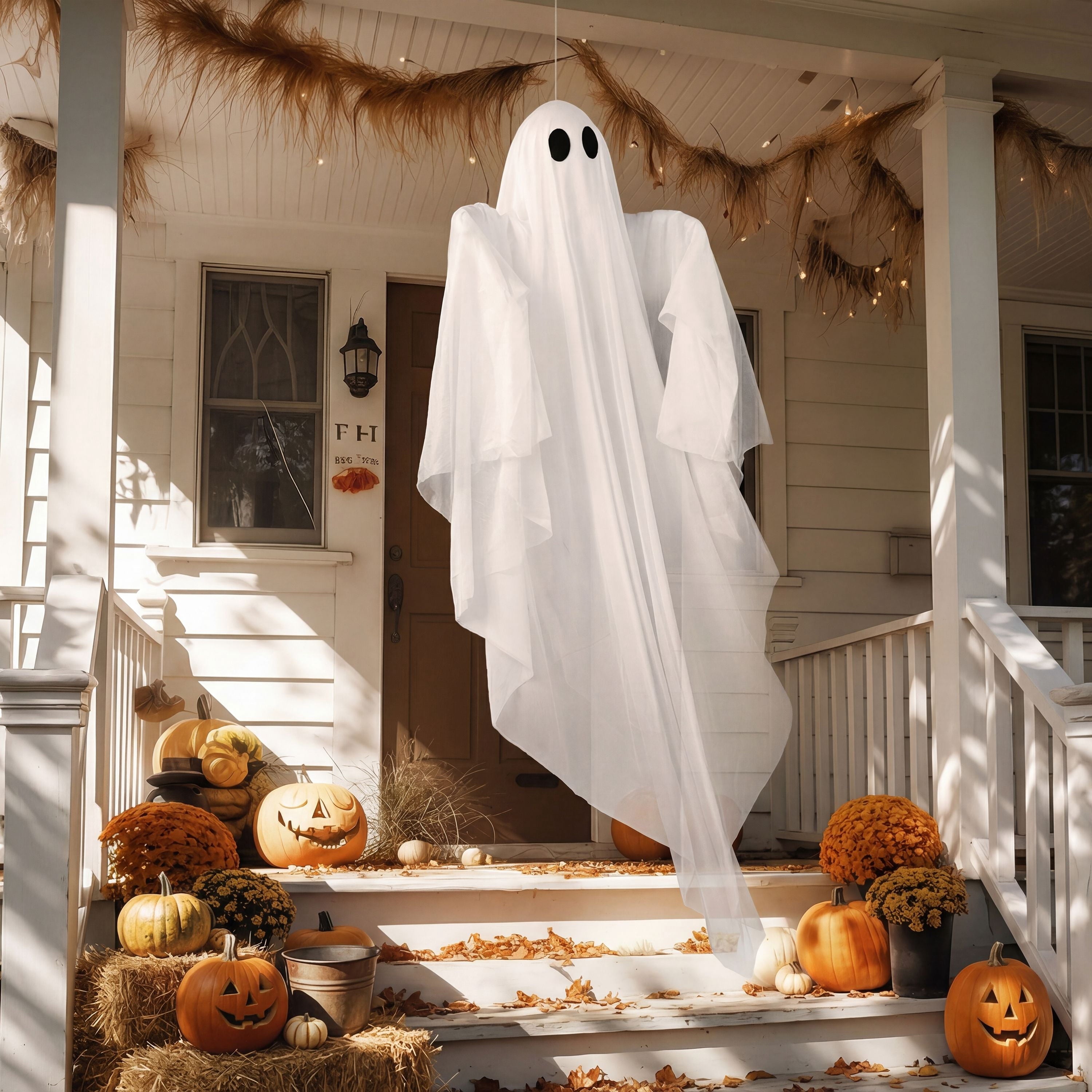 Joyfy 47" Halloween Hanging Light up Ghost Decorations Outdoor,White Ghosts with Blue LED Light and Timer Halloween Hanging Decoration Waterproof for Front Yard Patio Lawn
