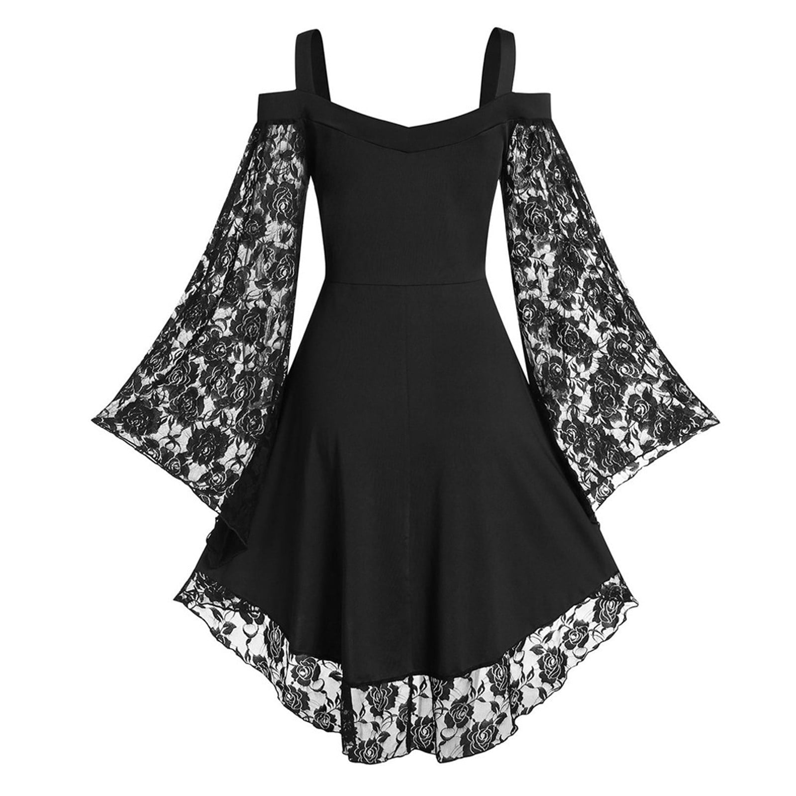 LYXSSBYX Halloween Costume for Women Cosplay Costumes Women Patchwork Skull Lace Splicing Long Sleeve Vintage Party Dark Gothic Dress