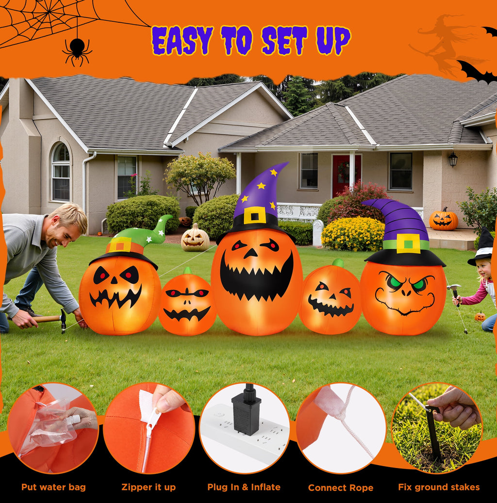 Firstness 8FT Halloween Inflatable Pumpkins Blow ups Outdoor Decorations, Five Pumpkins with LED Lights for Party Yard