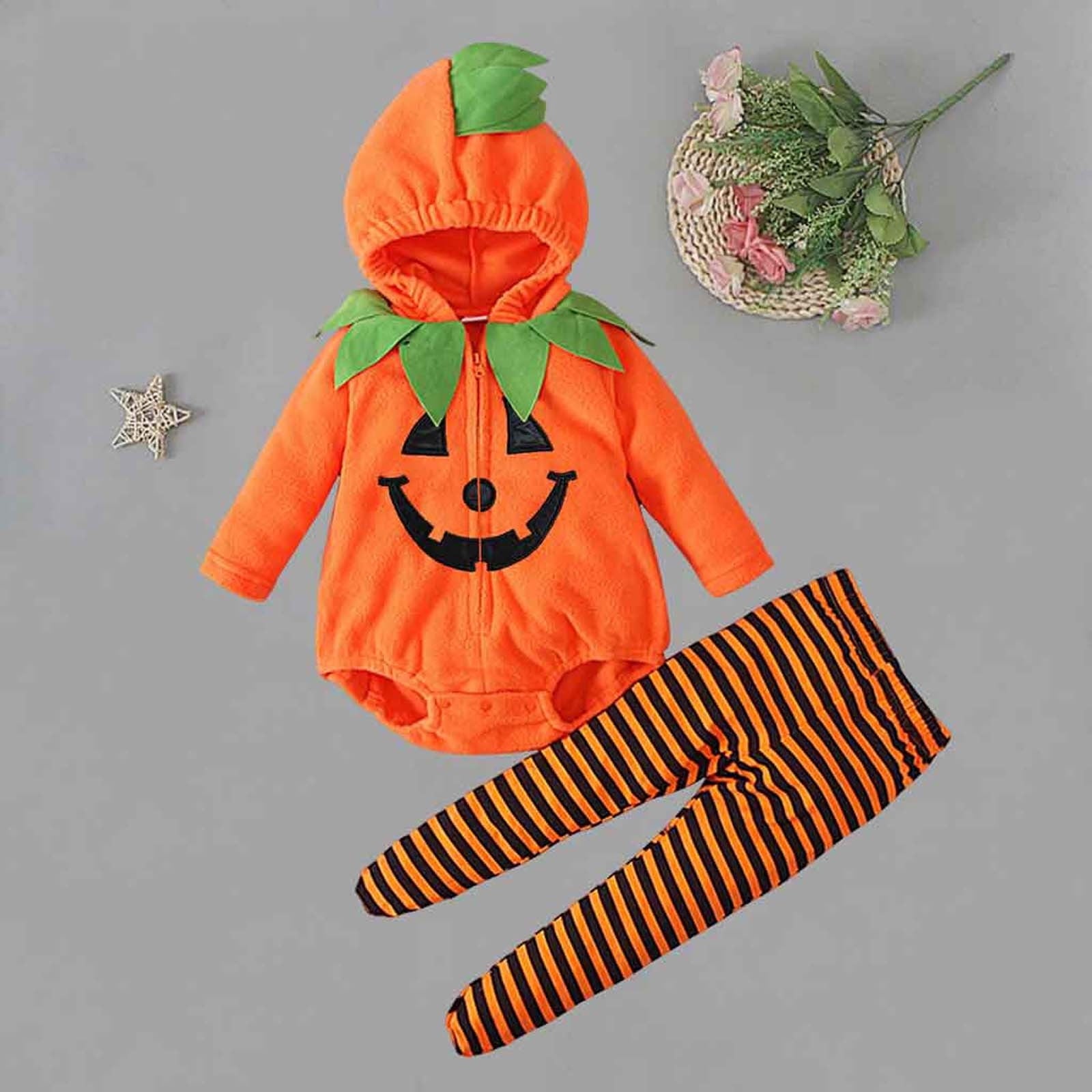 Newborn Infant Cute Jack-O-Lantern Costume Halloween Bodysuit and Striped Leggings Set Fall Holiday Fancy Dress Up Outfit for Boys Girls Party Festival