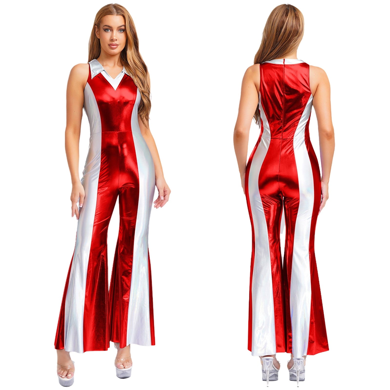 YiZYiF Womens 70s 80s Disco Costume Shiny Metallic Flared Pants Jumpsuit for Dance Party Halloween Gold S