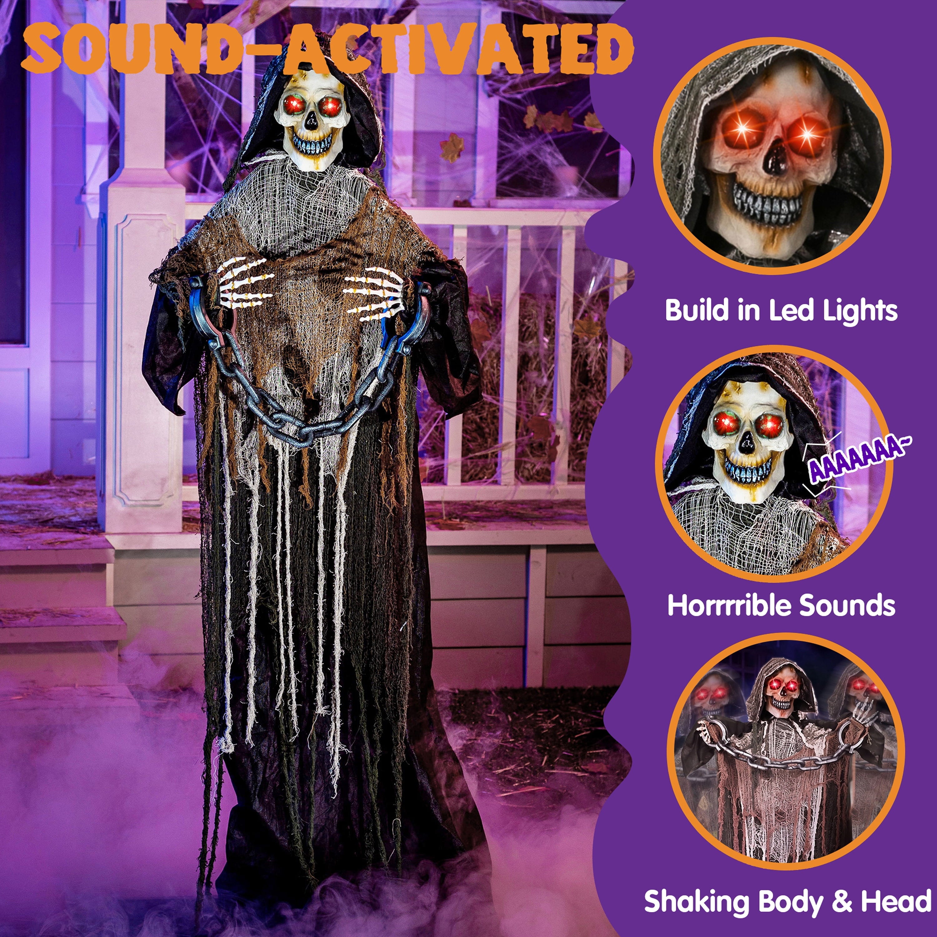 Joyfy 67" Standing Grim Reaper with Chain, Large Halloween Decorations Outdoor, Life Size Animatronics Skelton, Sound-Actived Party Decor with Creepy Sound & LED Eyes, Scary Haunted House Props