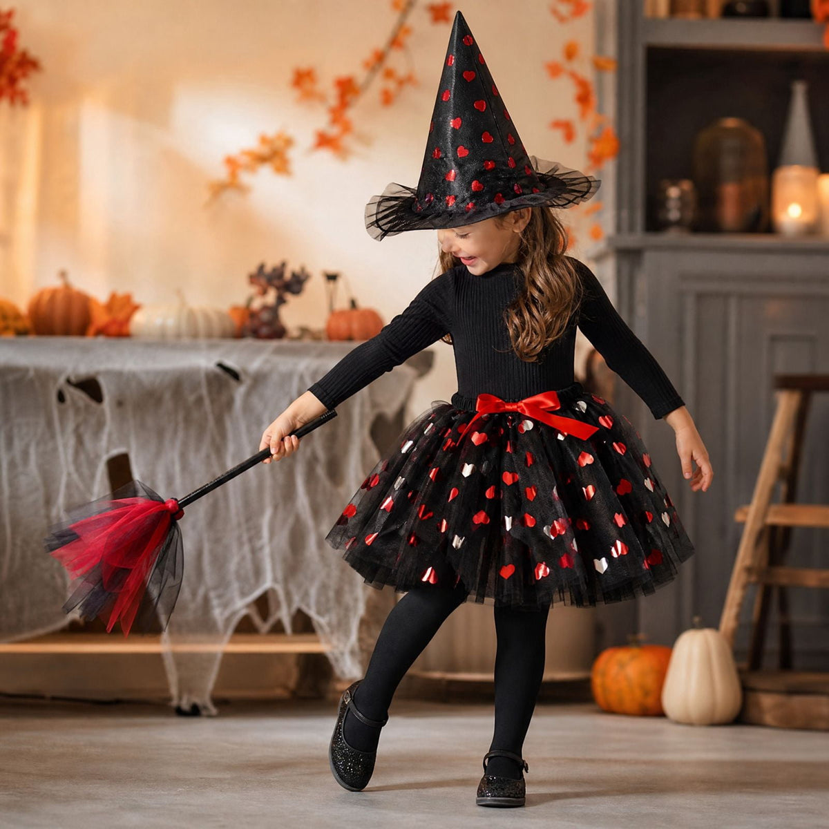 choiix Witch Tutu Skirt and Hat Set with Broomstick Halloween Costume Outfit with Printed Tulle Skirt and Witch Hat Cosplay Outfit for Party 100